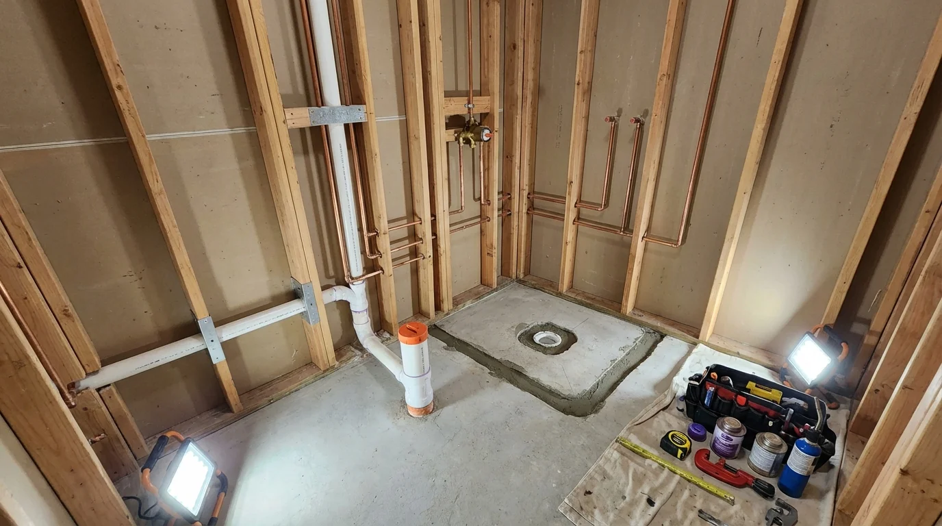 Bathroom rough-in plumbing during remodel by Johns Plumbing LLC in La Luz
