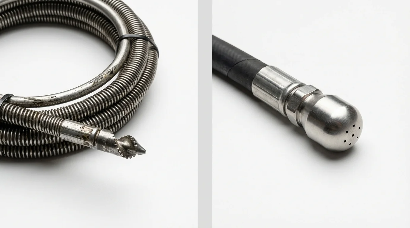 Drain snake cable and hydro jetting nozzle used for drain cleaning in La Luz, NM