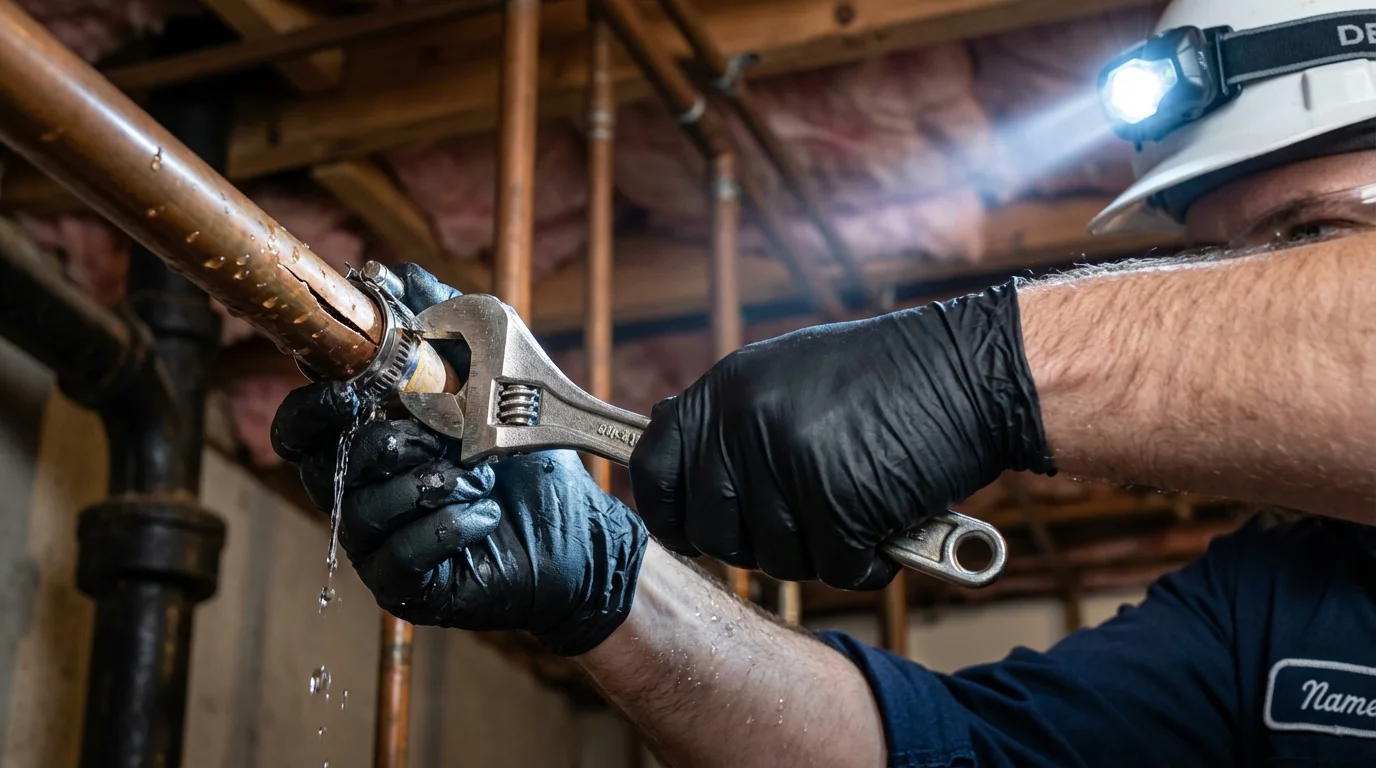 Emergency pipe clamp repair being performed by a Johns Plumbing LLC plumber in La Luz