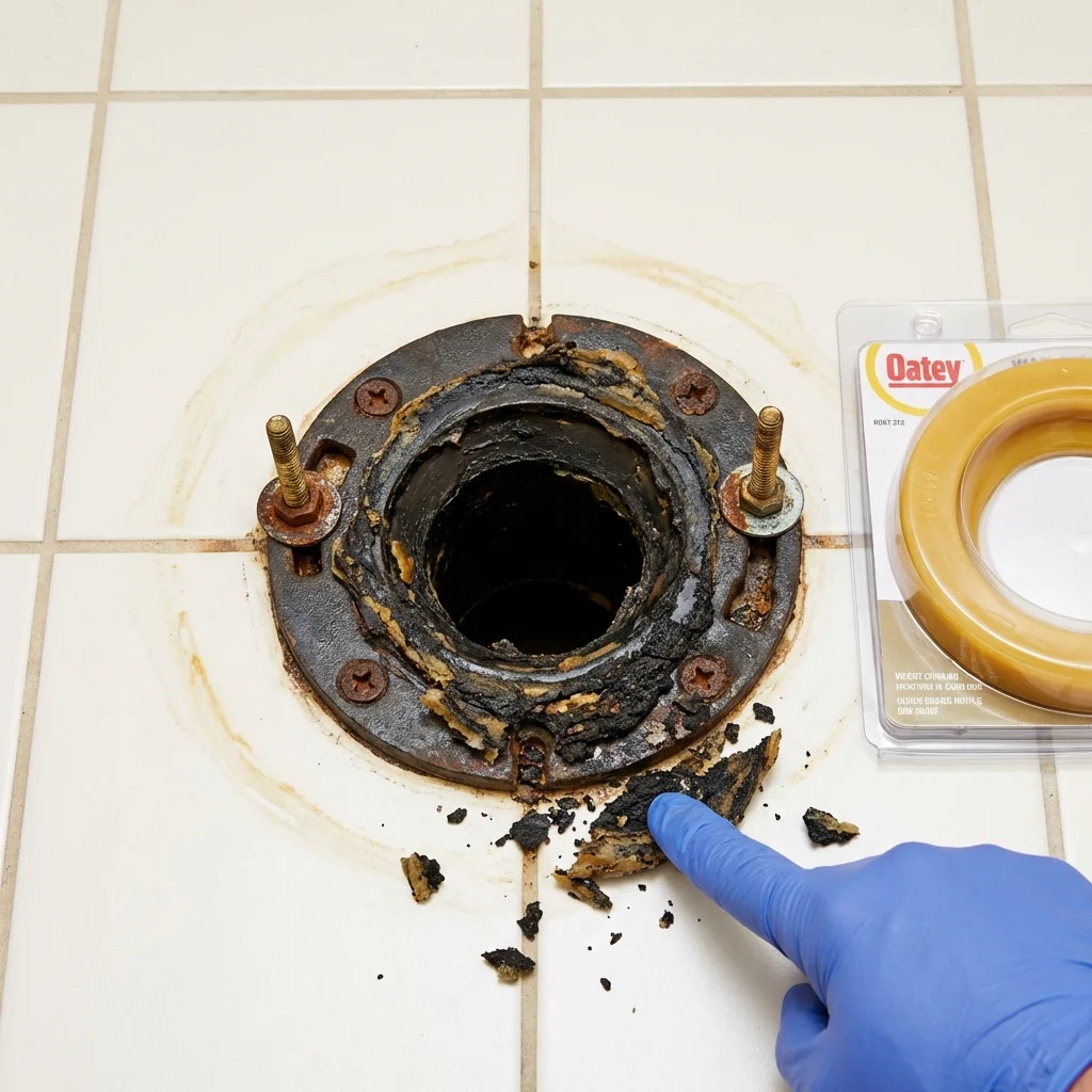 Failed wax ring showing water seepage at the base of a toilet in a La Luz, NM home