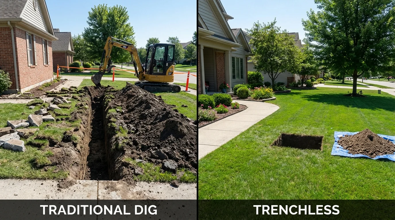 Trenchless sewer repair with minimal yard damage versus traditional excavation in La Luz, NM