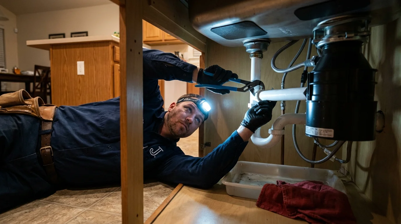 P-trap and supply line connections under a kitchen sink showing a common leak point in La Luz, NM